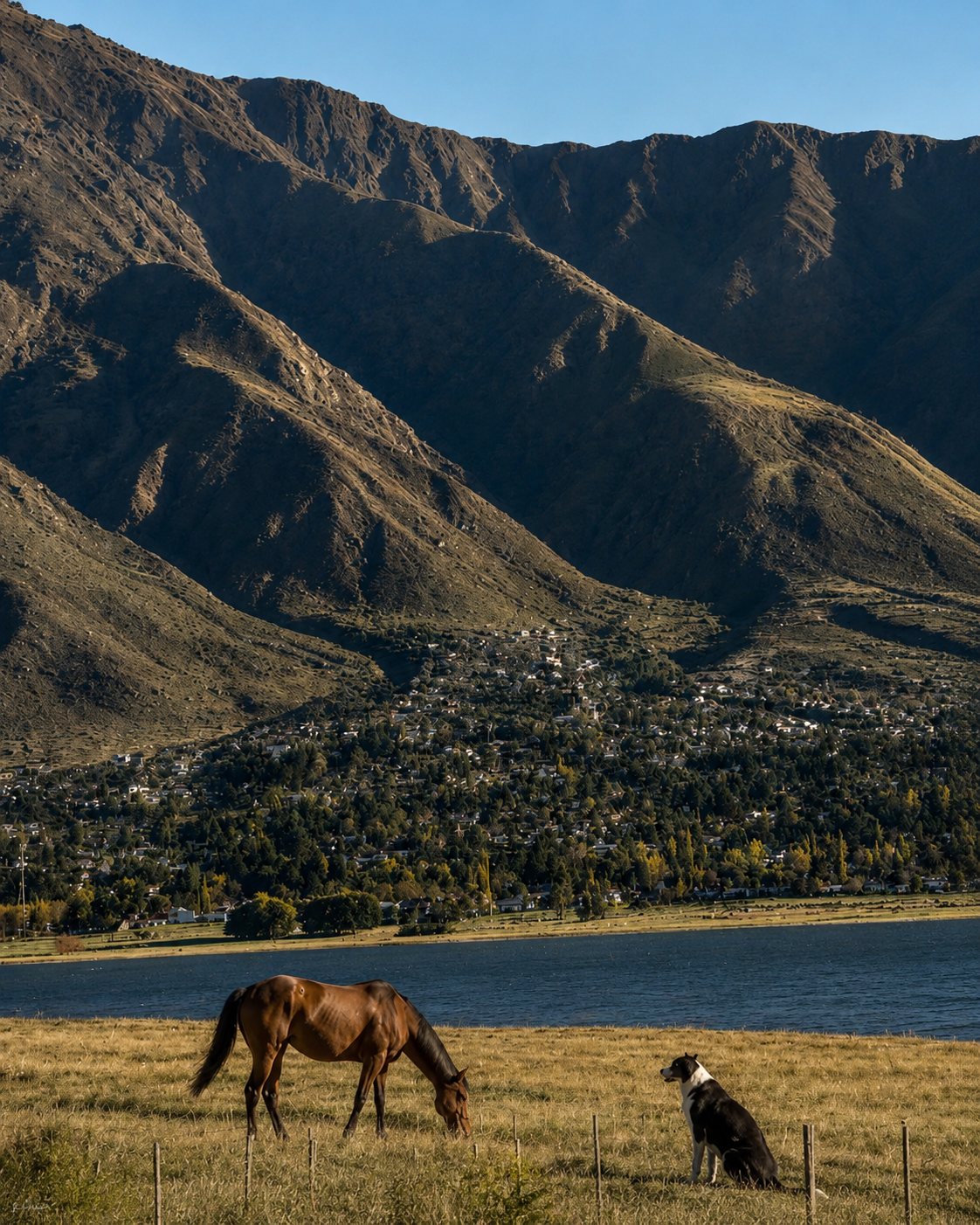 Caballo y perro frente al lago, con el pueblo de Tafí al fondo